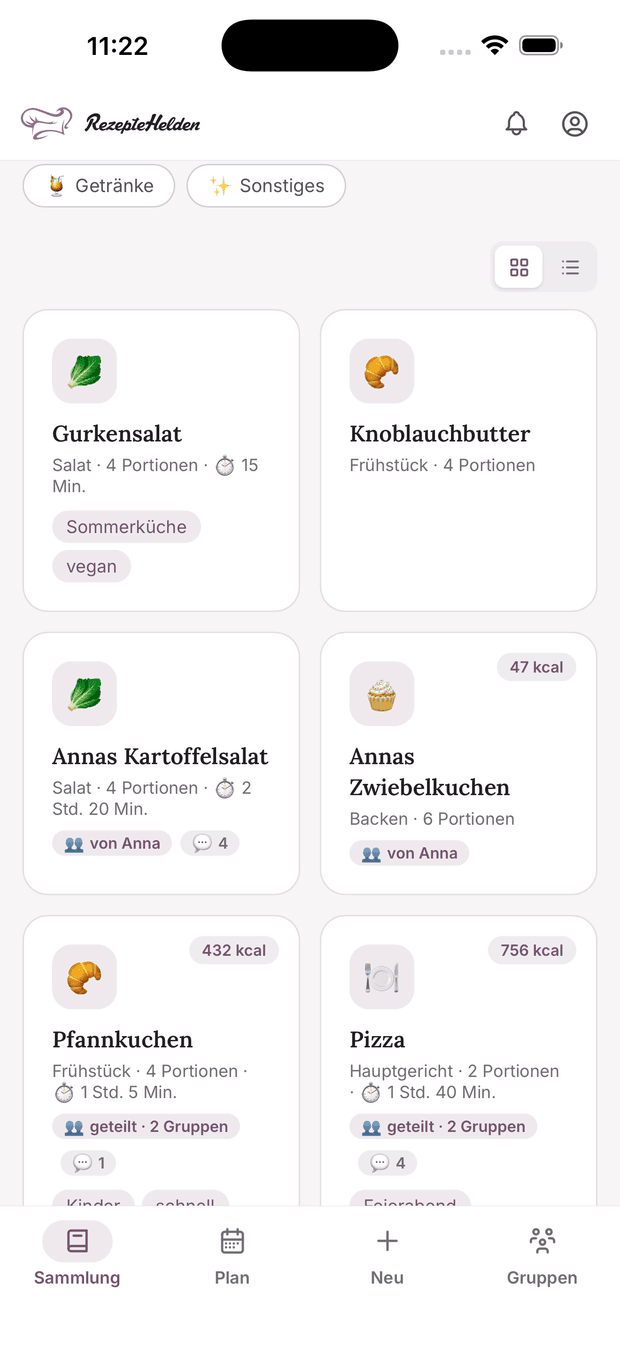 Die Rezeptübersicht in der App Rezeptehelden