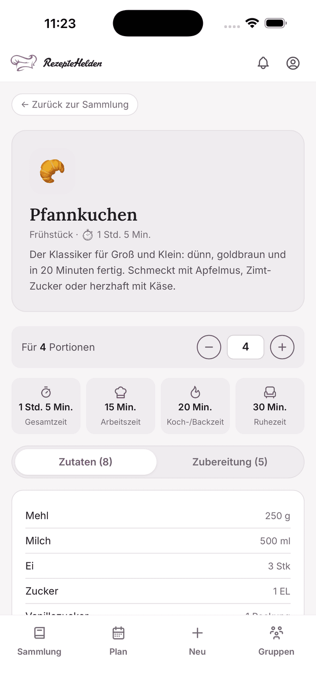 Rezeptansicht mit Portionsrechner und Zeitenleiste