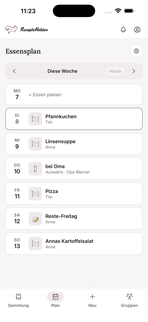 Wochenplan mit einem Gericht pro Tag
